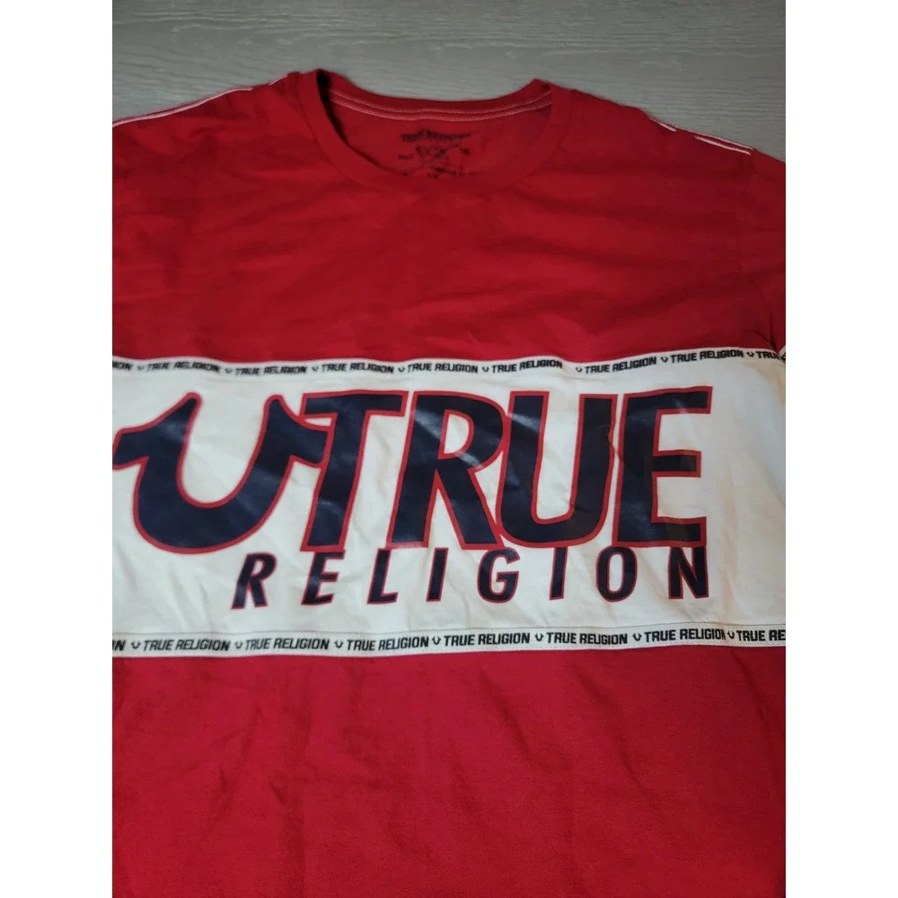 ♡True Religion Mens Long Sleeve T-Shirt Red White‎ Colorblock Logo Graphic Large